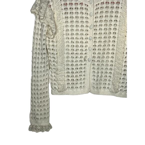Zara Pointelle Open Knit With Ruffles Ivory Ecru Long Sleeve Button Up Sweater M - Picture 3 of 8